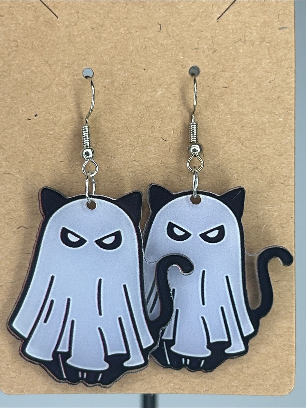 Ghost Cat Dangle Earrings - White & Black Cute Spooky Halloween Fashion Jewelry